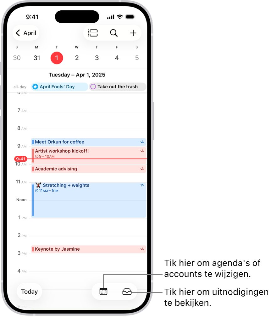 Een agenda in de dagweergave met de activiteiten van een dag. Middenonder in het scherm staat de knop 'Agenda's' en rechtsonderin staat de knop 'Inkomend'.