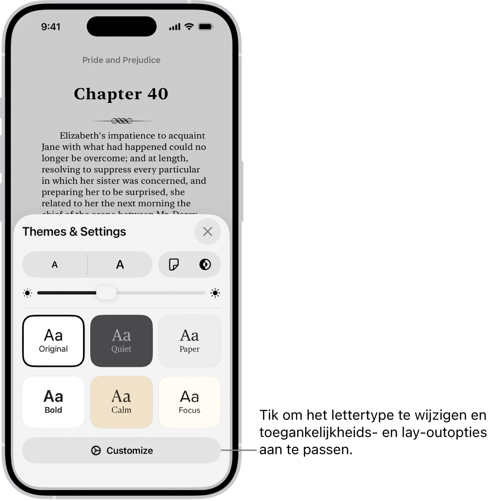 Een pagina van een boek in de Boeken-app. De opties van 'Thema's en instellingen', met regelaars voor de lettergrootte, de schuifweergave, de stijl voor het omslaan van pagina's, de helderheid en lettertypestijlen.
