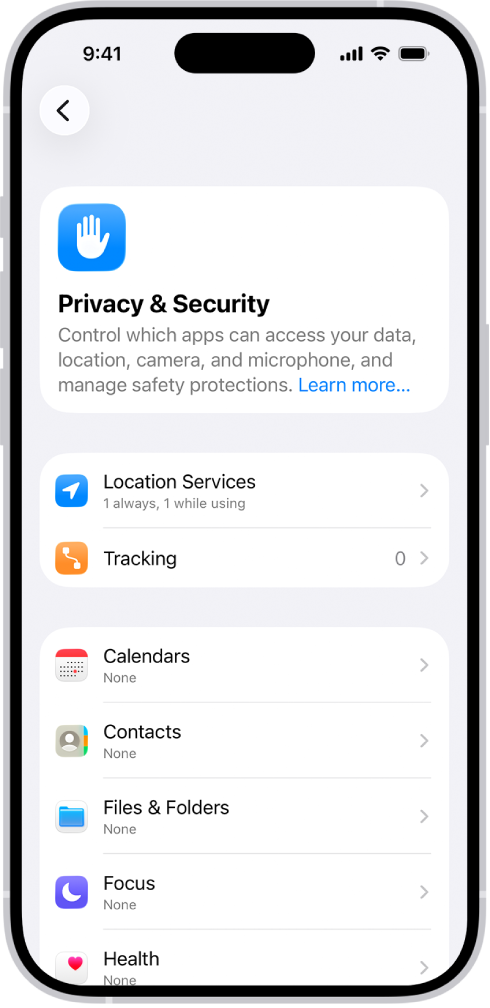 Het scherm van 'Privacy en beveiliging', met instellingen voor locatievoorzieningen en tracking, en instellingen waarmee je bepaalt welke apps toegang tot je gegevens hebben.
