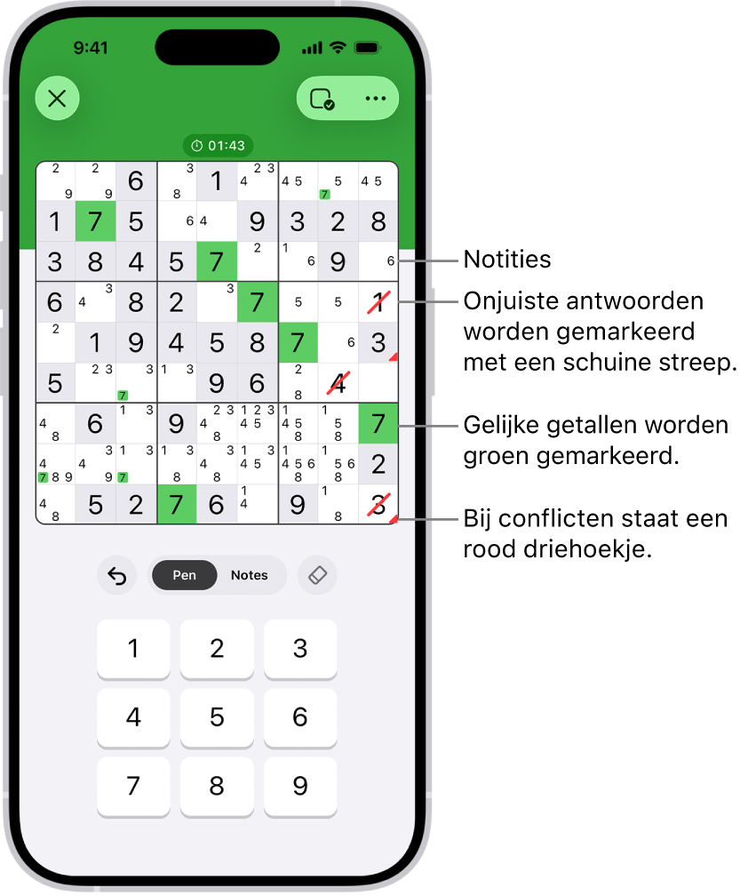 Een sudoku waarbij verschillende functies zijn ingeschakeld: 'Notes', 'Highlight Matching Numbers', 'Show Conflicts' en 'Autocheck'.