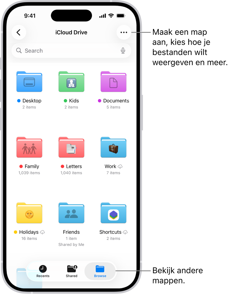 De Bestanden-app met de bestanden en mappen op je iCloud Drive. In het menu 'Meer' staan opties voor het selecteren van onderdelen, het aanmaken van een nieuwe map, het scannen van documenten en het maken van verbinding met een server. Daaronder staan opties om onderdelen als symbolen of in een lijst weer te geven. Onderin staan de sorteeropties 'Naam', 'Soort', 'Datum', 'Grootte' en 'Tags', gevolgd door 'Bekijk opties'.