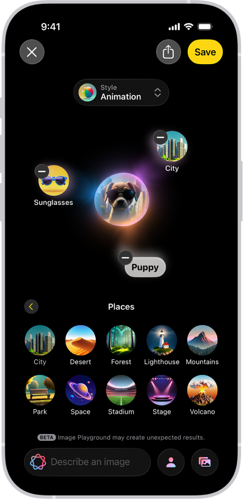 Appvinduet i Image Playground viser et opprettet bilde av en hund med solbriller.