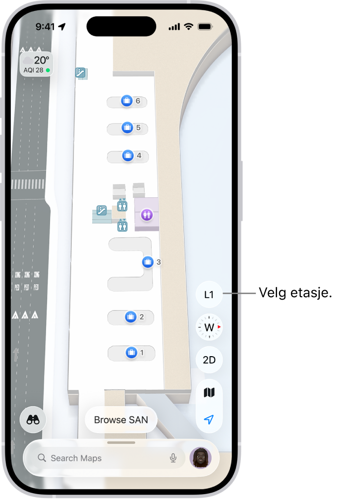 Et innendørskart over en flyplassterminal. Kartet viser detaljer som passkontroll, trapper, toaletter og førstehjelp. Du kan endre etasje i kart med flere etasjer ved hjelp av knappen merket L1 (for Level 1).