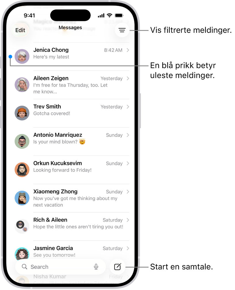 Meldinger-samtalelisten viser Ny melding-knappen nederst til høyre. En blå prikk til venstre for meldingen indikerer at den er ulest.