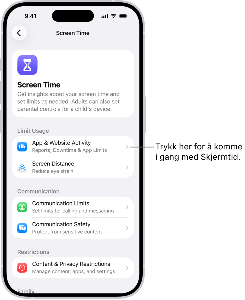 Konfigureringsskjermen for Skjermtid som viser at du trykker på App- og nettstedsaktivitet for å komme i gang.