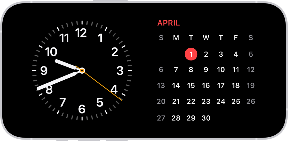 iPhone i Ventemodus i mørke omgivelser, som viser Klokke- og Kalender-widgetene.