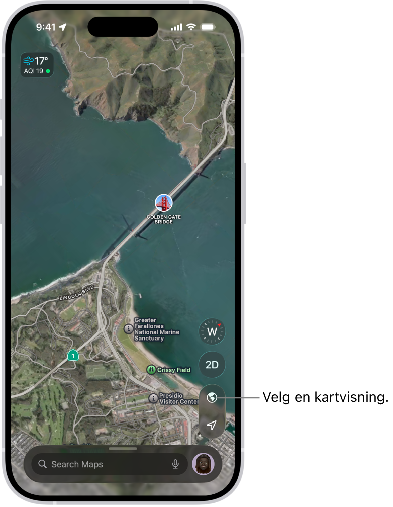 Et gate- og parkkart i 3D der trær, interessepunkter og fasiliteter som toaletter er avmerket.