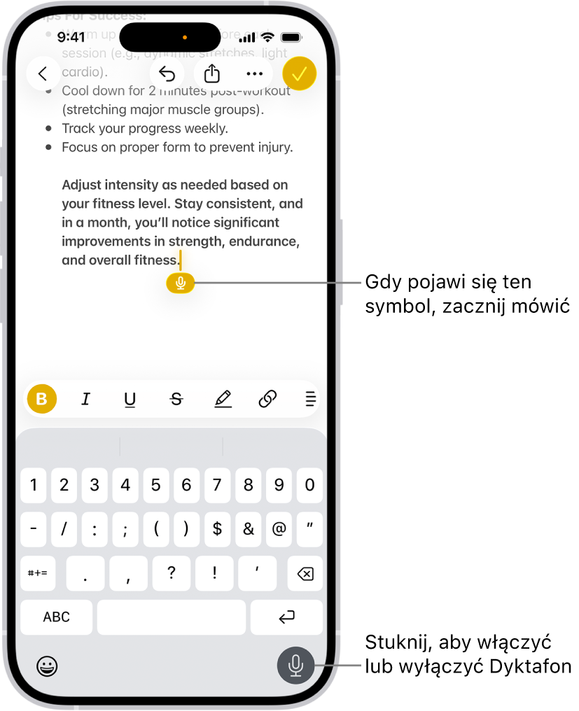 Klawiatura ekranowa otwarta w aplikacji Poczta. Przycisk Dyktowanie znajdujący się w prawym dolnym rogu ekranu jest zaznaczony. W polu tekstowym pod punktem wstawiania widoczny jest przycisk Dyktowanie.