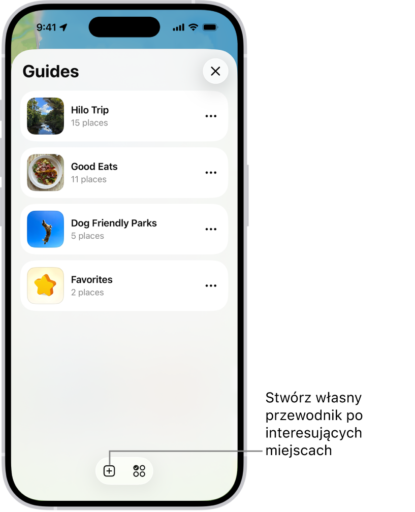 Lista kilku własnych przewodników w Mapach, w tym kategoria Ulubione. W prawym dolnym rogu znajduje się przycisk Nowy przewodnik.
