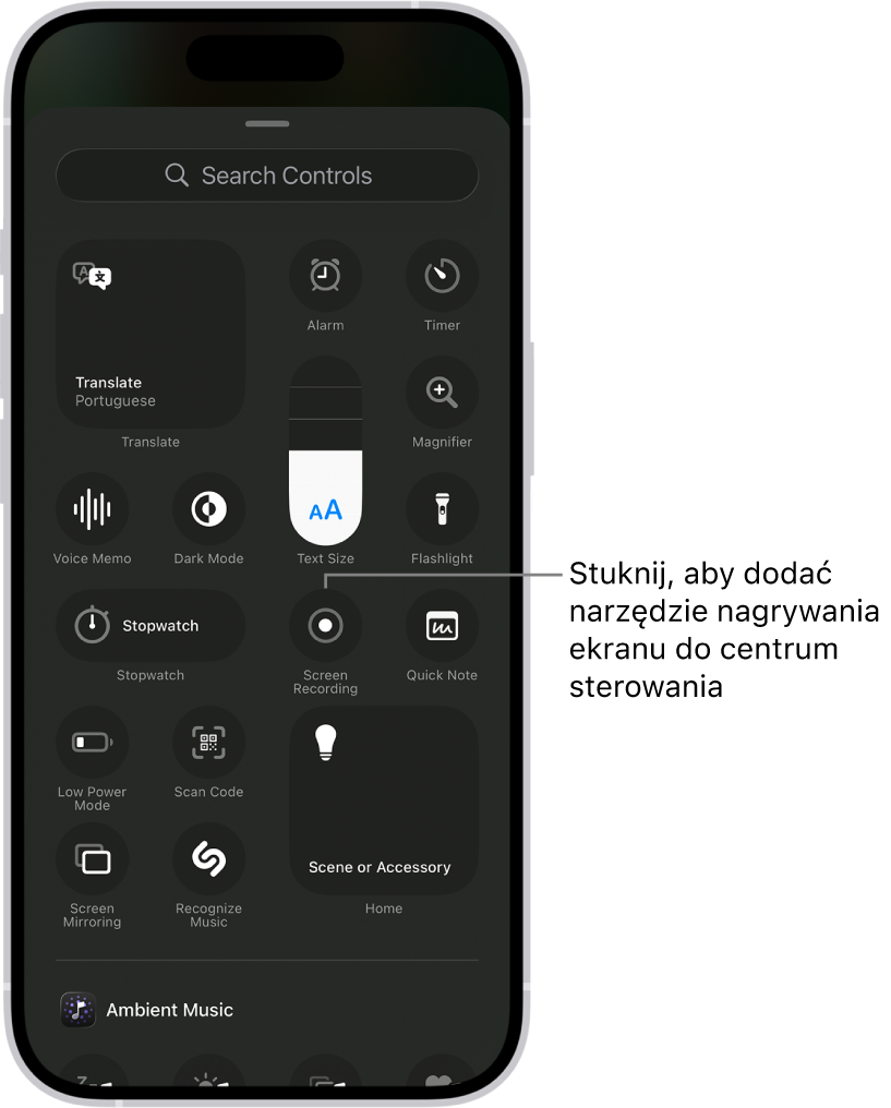 Ekran wyświetlający narzędzia, które można dodać do centrum sterowania. Na środku ekranu widoczne jest narzędzie Nagranie z ekranu.