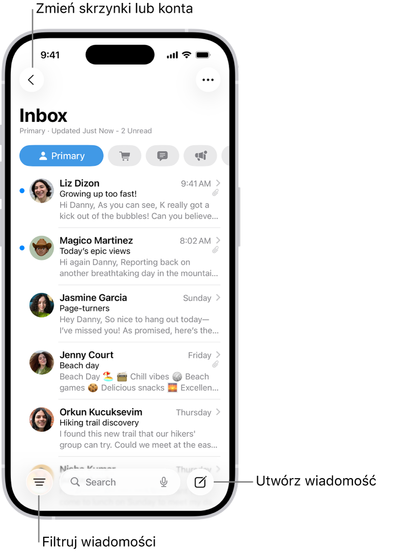 Skrzynka Przychodzące w aplikacji Poczta, wyświetlająca listę wiadomości email.