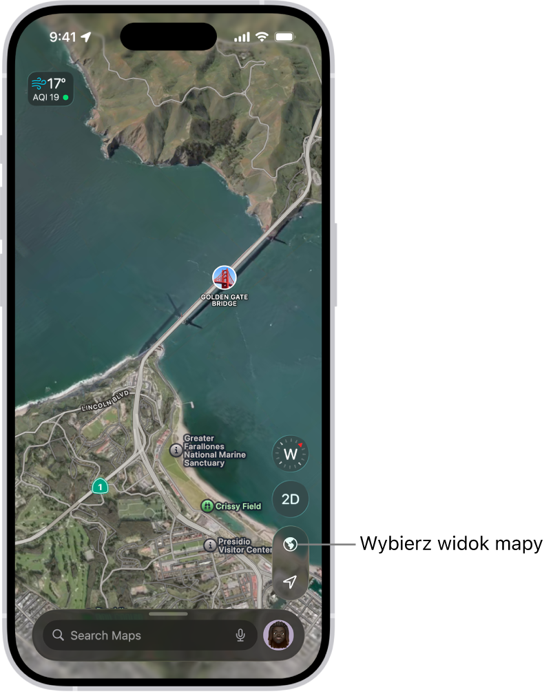 Mapa parku i ulic 3D, przedstawiająca drzewa, ważne miejsca oraz między innymi toalety.