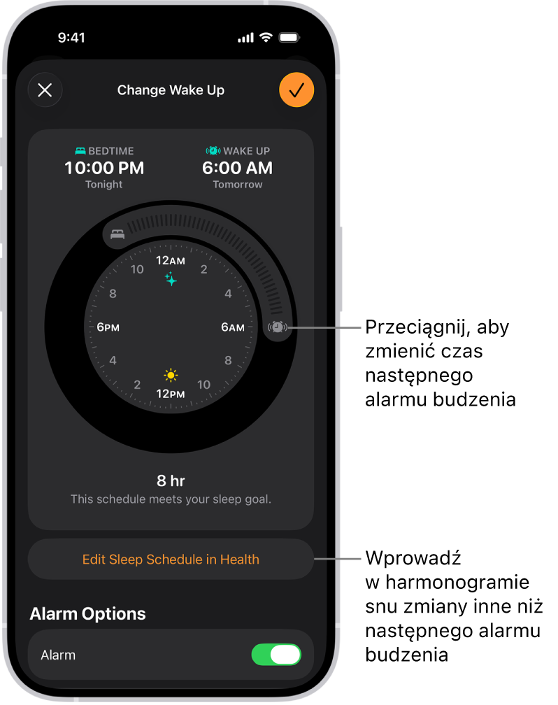 Ekran zmiany czasu następnej pobudki. Położenie przycisku Budzik, alarm włączony ustawia czas pobudki.