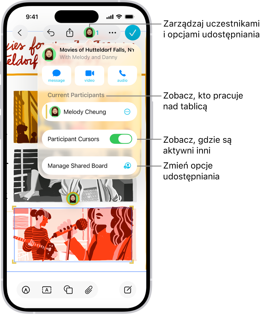 Udostępniana tablica friform na iPhonie z otwartym menu współpracy.