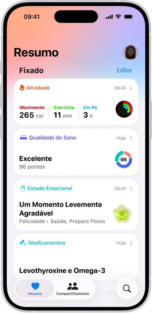 Tela Resumo no app Saúde. Informações sobre atividades, qualidade do sono, estado emocional e medicamentos aparecem na seção Fixadas.