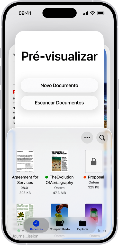 O Explorador de Documentos no app Pré-visualização. No centro da tela estão os botões Novo Documento, Escanear Documentos, Mais e Buscar. Na parte inferior da tela estão os botões Recentes, Compartilhados e Explorar.