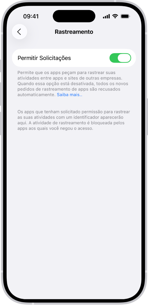 Tela Rastreamento, com ajuste para controlar se os apps podem pedir para rastrear você em sites ou apps de outras empresas.