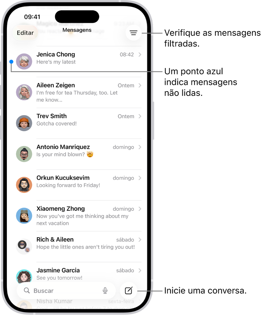 Lista de conversas no app Mensagens, com o botão Redigir na parte inferior direita. Um ponto azul à esquerda de uma mensagem significa que ela não foi lida.