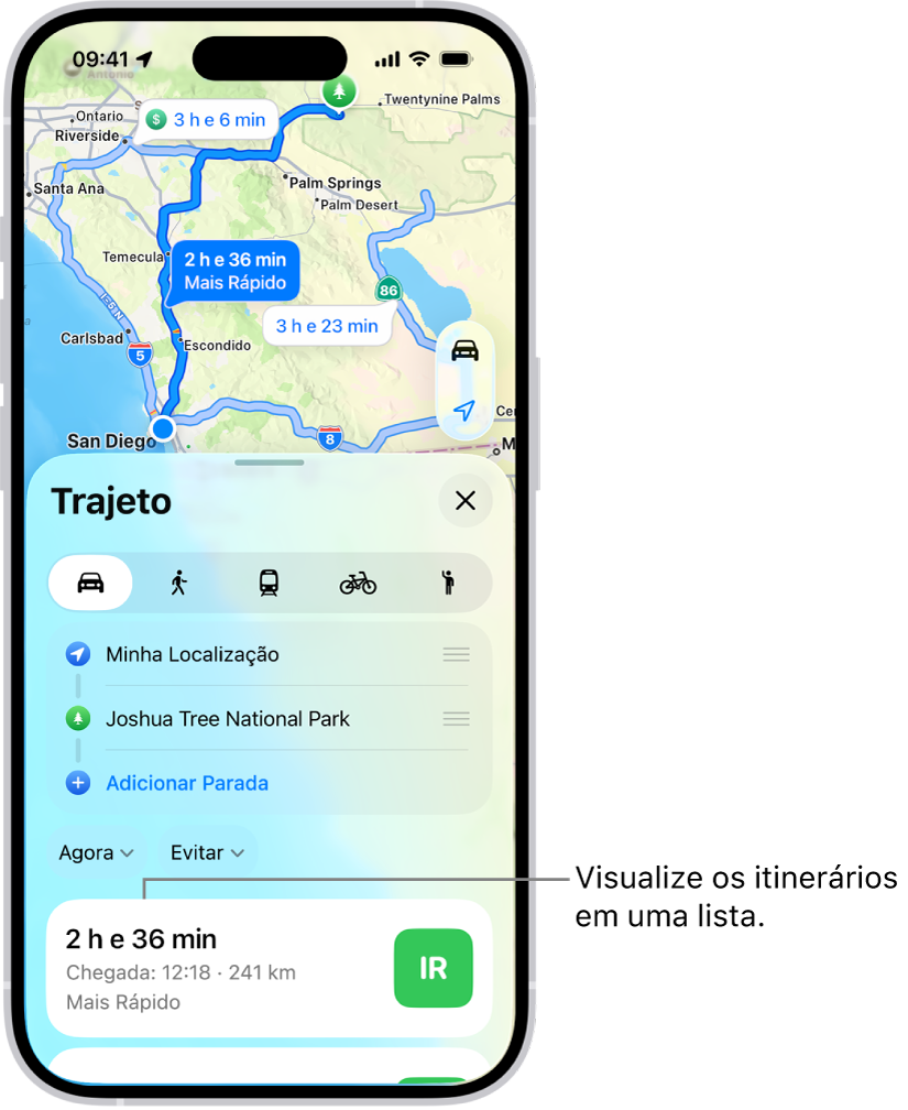 Um cartão com várias opções de rota.