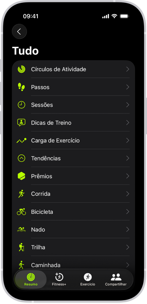 Tela do app Fitness mostrando uma lista de categorias de preparo físico.