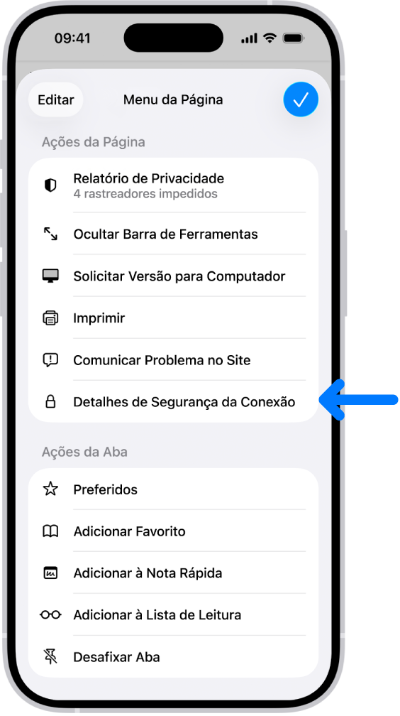 O Menu da Página está aberto no Safari e o controle Detalhes de Segurança da Conexão está no meio da página.