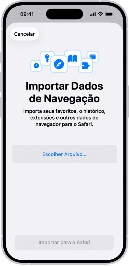 A tela Importar Dados de Navegação solicitando a escolha de um arquivo para importar.