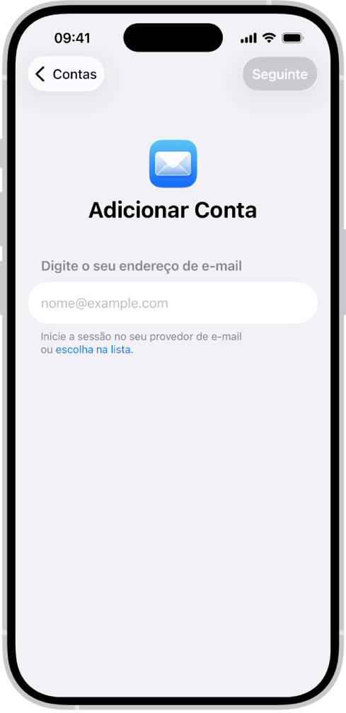 A tela Adicionar Conta com um campo para digitar o endereço de e-mail.