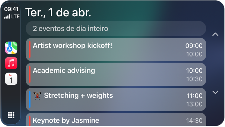 O CarPlay mostrando os apps Mapas, Música e Calendário na Barra Lateral. À direita há eventos para segunda-feira 5 de junho, com sessão de trabalho de portfólio, oficina de habilidades de liderança, preparação para apresentação e ensaio de coral.