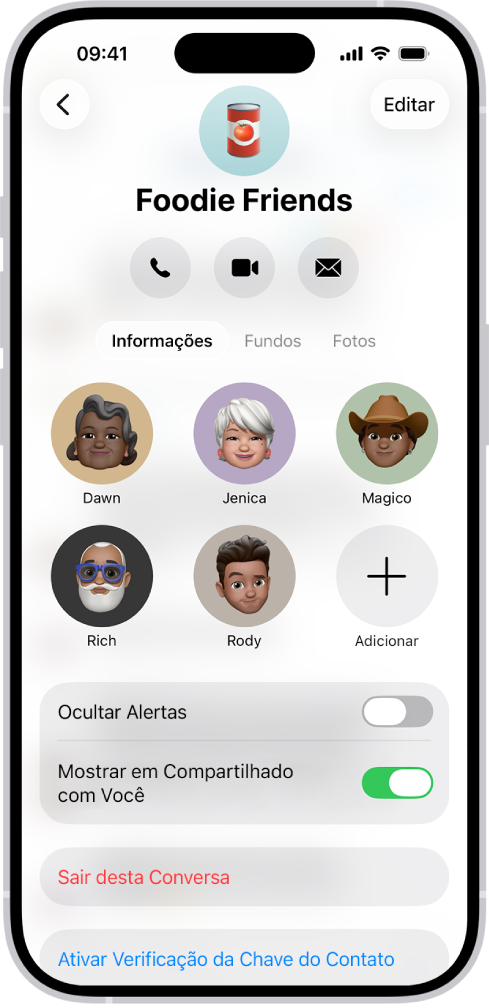 Os detalhes da conversa de um grupo.