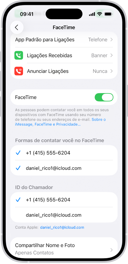 A tela de Ajustes do FaceTime mostrando o botão para ativar ou desativar o FaceTime e o campo com a Conta Apple para o FaceTime.