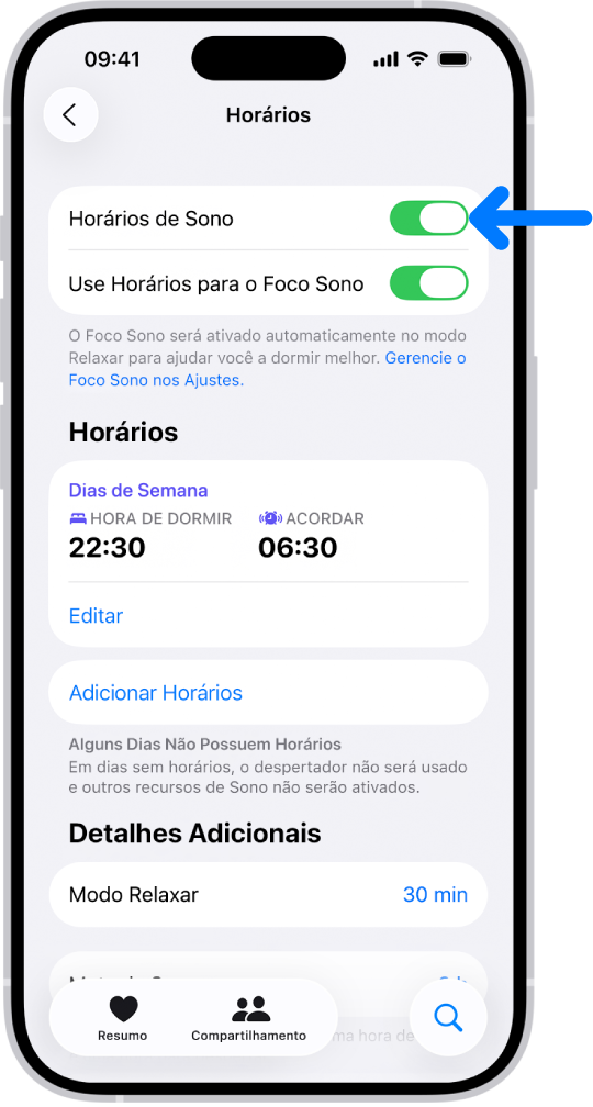 A tela Horários no app Saúde com a opção Horários de Sono ativada na parte superior.