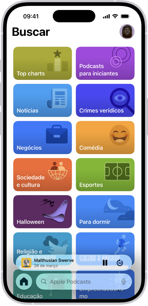 A aba Buscar no app Podcasts, mostrando categorias de podcasts. Perto da parte inferior da tela está o Minirreprodutor. Abaixo, estão os botões Início, Novo, Biblioteca e Buscar.
