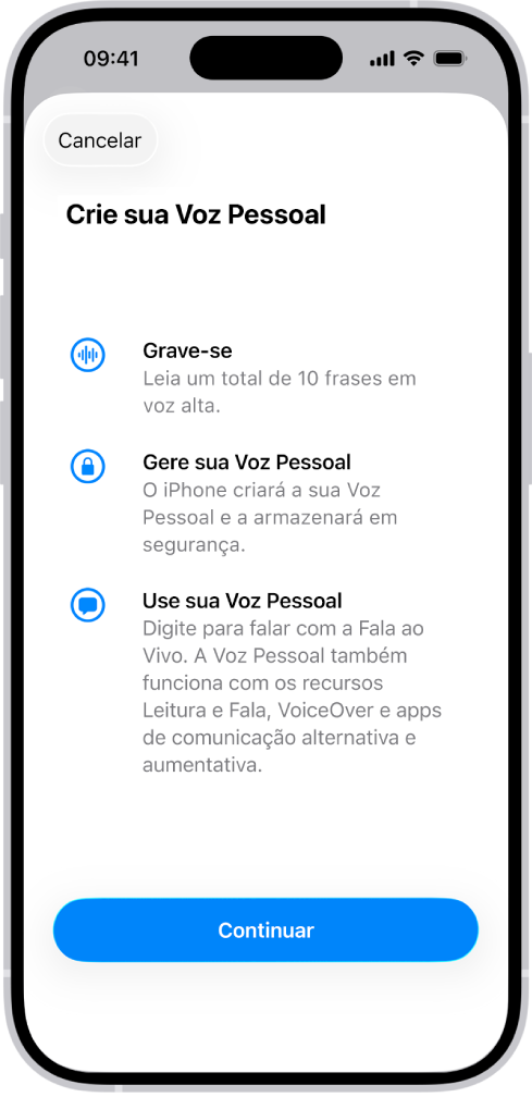 Um iPhone com informações sobre a criação de uma Voz Pessoal.