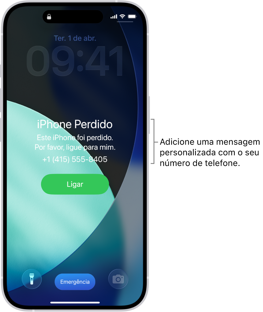 Uma Tela Bloqueada do iPhone com uma mensagem de iPhone perdido. Você pode adicionar uma mensagem personalizada com o seu número de telefone.