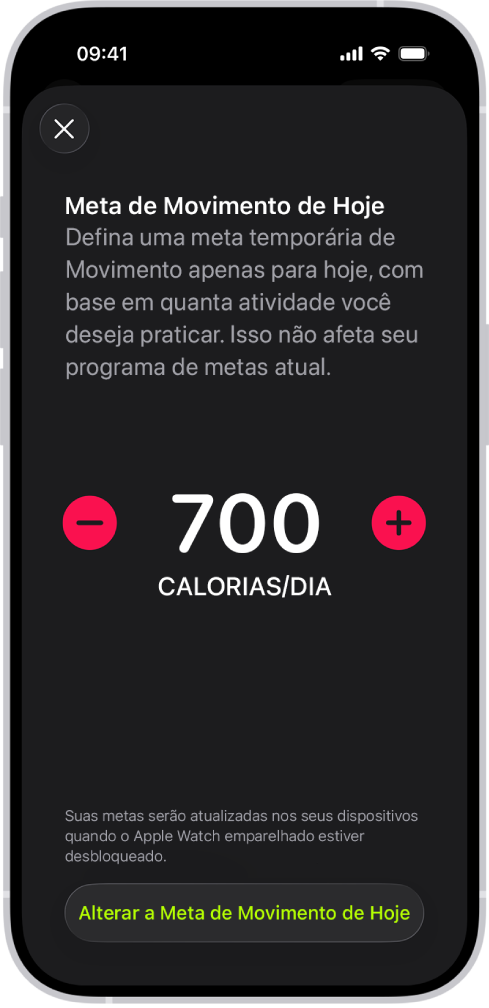 Tela do Programa da Meta de Movimento no app Fitness mostrando botões para aumentar ou diminuir a meta de Movimento por dia da semana.