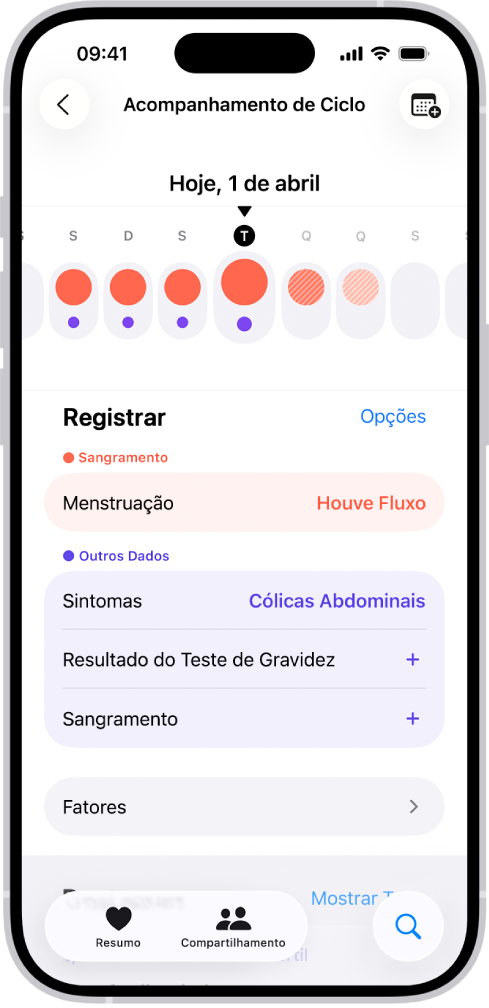 Tela do Acompanhamento de Ciclo, mostrando a linha do tempo de uma semana na parte superior da tela. Círculos vermelhos sólidos e pontos roxos marcam os 5 primeiros dias da linha do tempo. Abaixo da linha do tempo estão as opções para adicionar informações sobre menstruações, sintomas e outras.