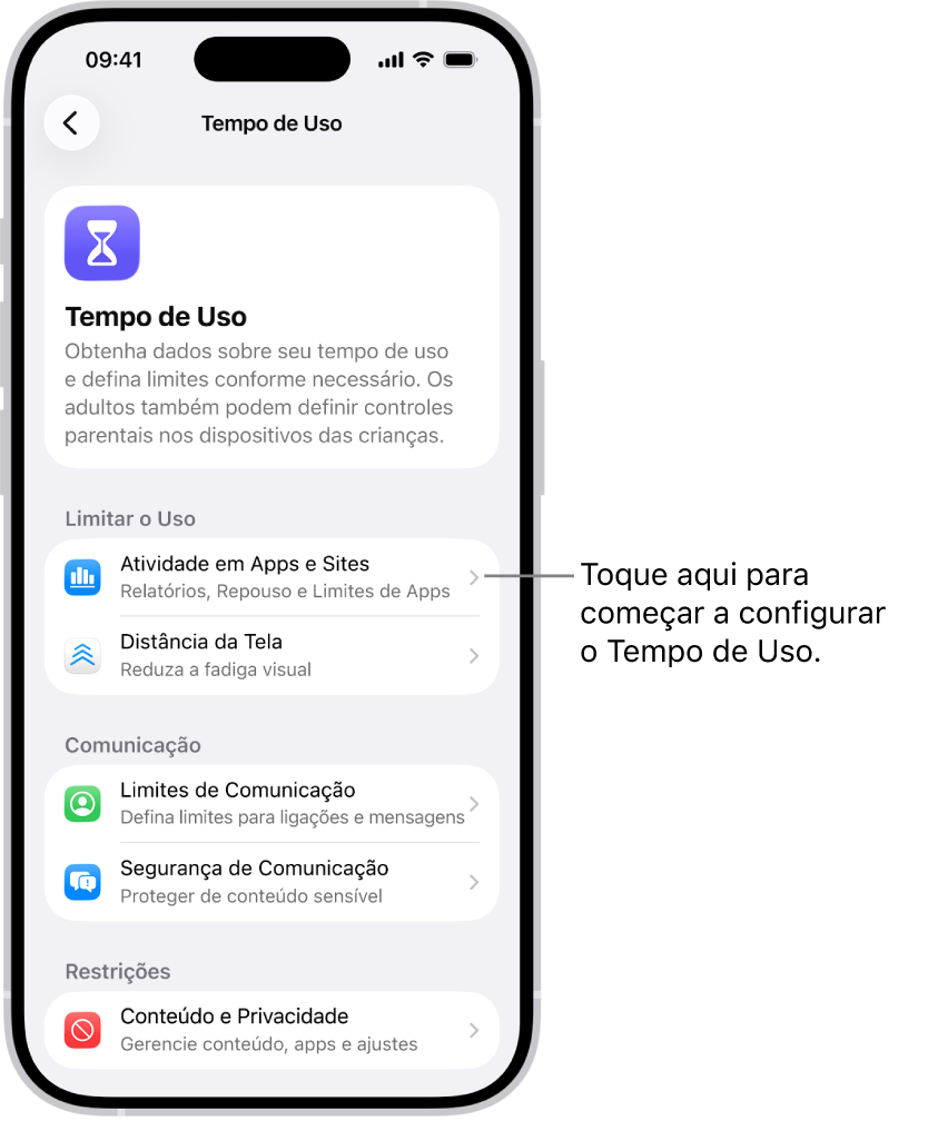 Tela de configuração do Tempo de Uso mostrando que é preciso tocar em Atividade em Apps e Sites para começar.