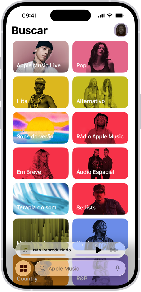 Aba Buscar mostrando um campo de busca na parte superior. Abaixo aparecem várias categorias de música, como Hits e Terapia Sonora.