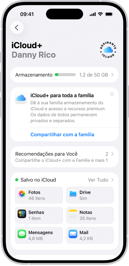 Tela dos ajustes do iCloud mostrando o medidor de armazenamento do iCloud e uma lista de recursos, incluindo Fotos, iCloud Drive e Backup do iCloud, que podem ser usados com o iCloud.