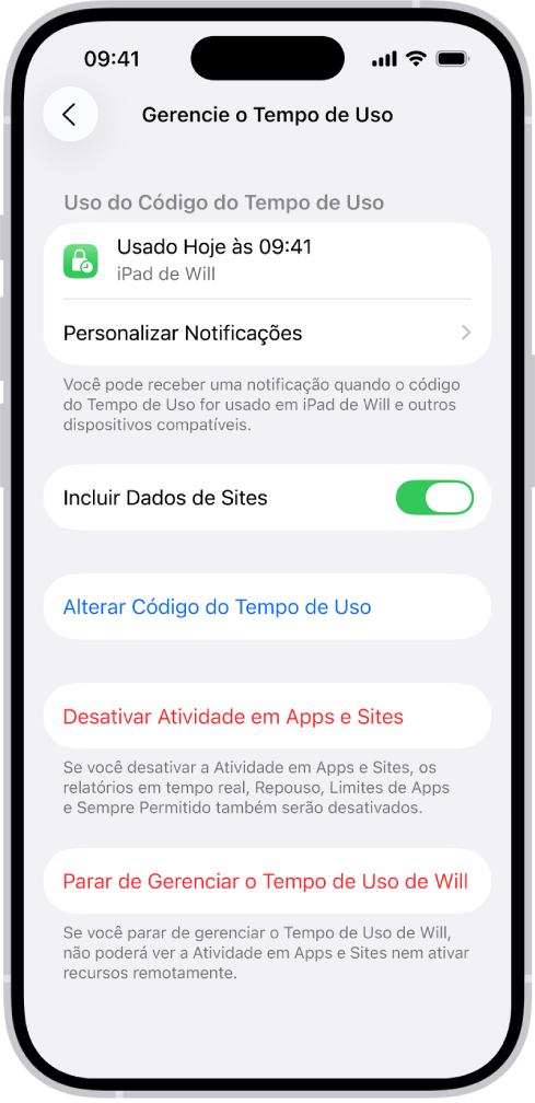 Tela Gerenciar Tempo de Uso para uma criança em uma família. A parte superior da tela mostra a última vez em que o código foi usado e em qual dispositivo.