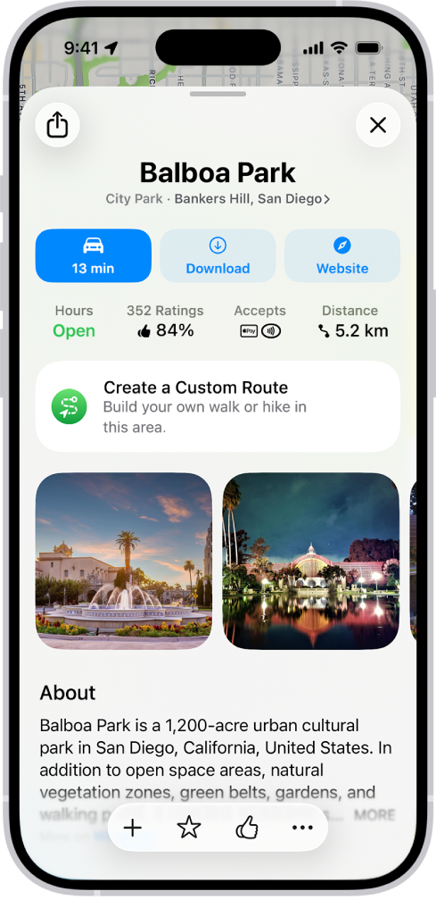 A ficha de local de um museu com o estado de aberto, classificações, descrição, fotografias e botões para telefonar, visitar o site ou comprar bilhetes.