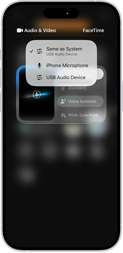 Os controlos para escolher uma fonte de entrada de áudio para uma chamada FaceTime.