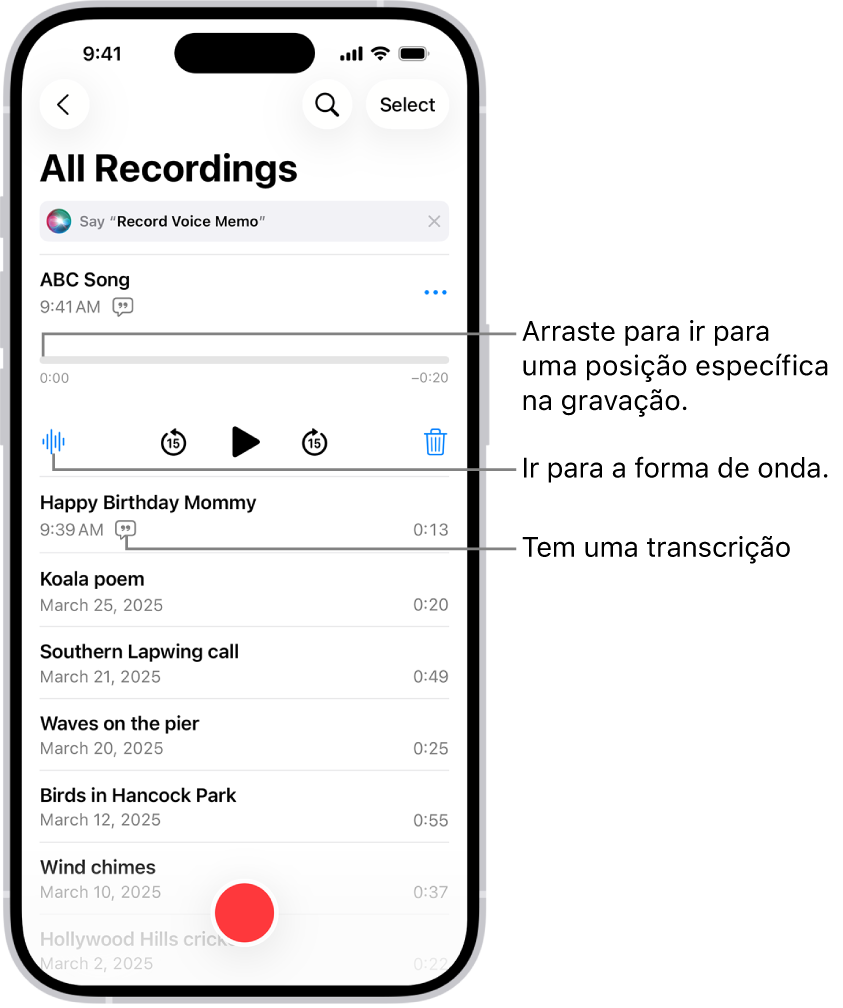 O ecrã da lista da aplicação Dictafone com uma gravação selecionada na parte superior. O cronograma de gravação tem um cursor de reprodução, que pode arrastar para ir para um local específico da gravação. Os controlos de reprodução estão por baixo do cronograma.