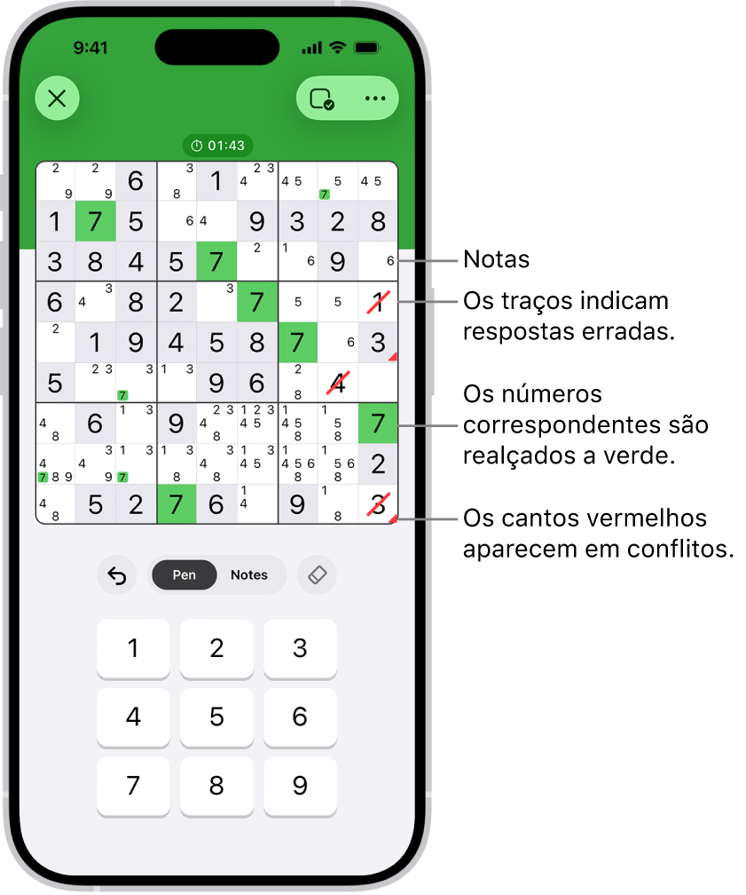 Um puzzle sudoku com várias funcionalidades ativadas. “Notes”, “Highlight Matching Numbers”, “Show Conflicts” e “Autocheck”.