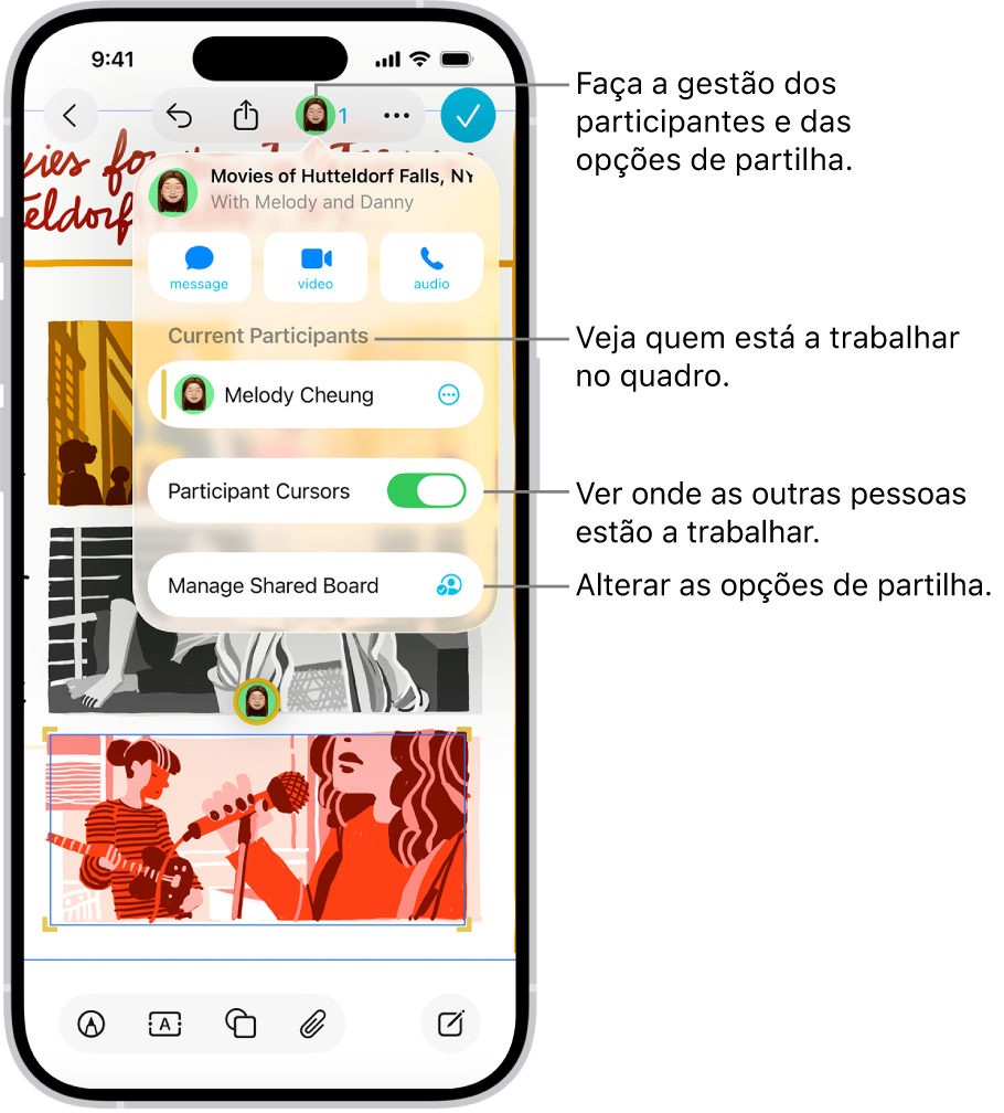 Um quadro Freeform partilhado no iPhone com o menu de colaboração aberto.