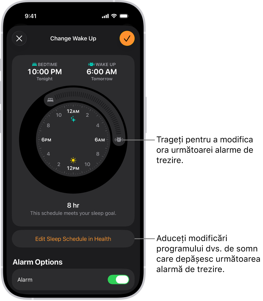 Un ecran pentru schimbarea următoarei alarme de trezire. Poziția butonului alarmei active definește ora alarmei.
