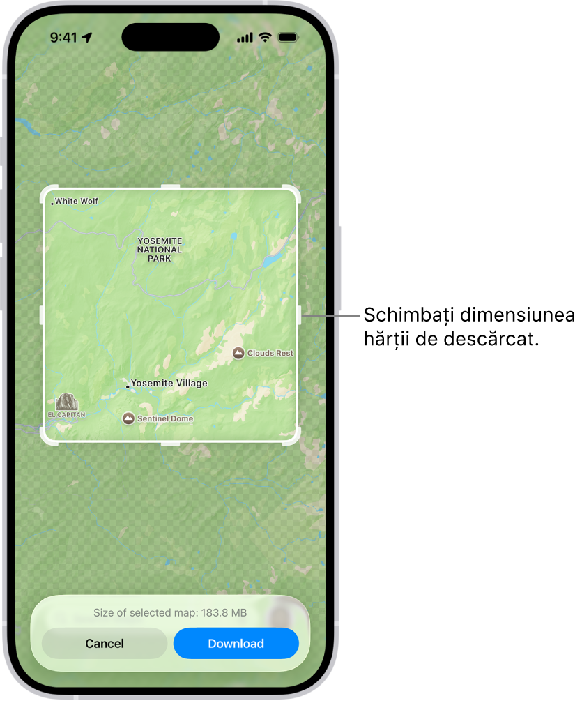 Harta unui parc național. Parcul este încadrat de un dreptunghi cu mânere, care pot fi mutate pentru a schimba dimensiunea hărții de descărcat. Dimensiunea de descărcare a hărții selectate este indicată în apropierea părții de jos a hărții. Butoanele Anulați și Descărcați se află în partea de jos a ecranului.