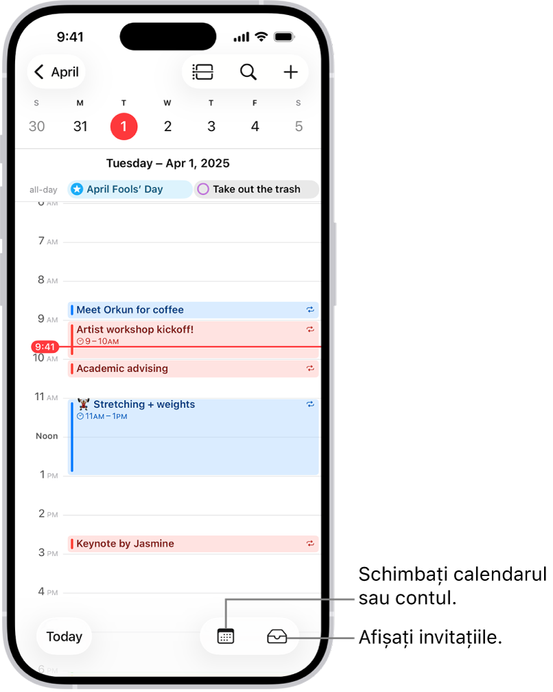 Un calendar în vizualizarea Zi, afișând evenimentele zilei. Butonul Calendare se află în partea centrală jos a ecranului, iar butonul Primite este în dreapta jos.