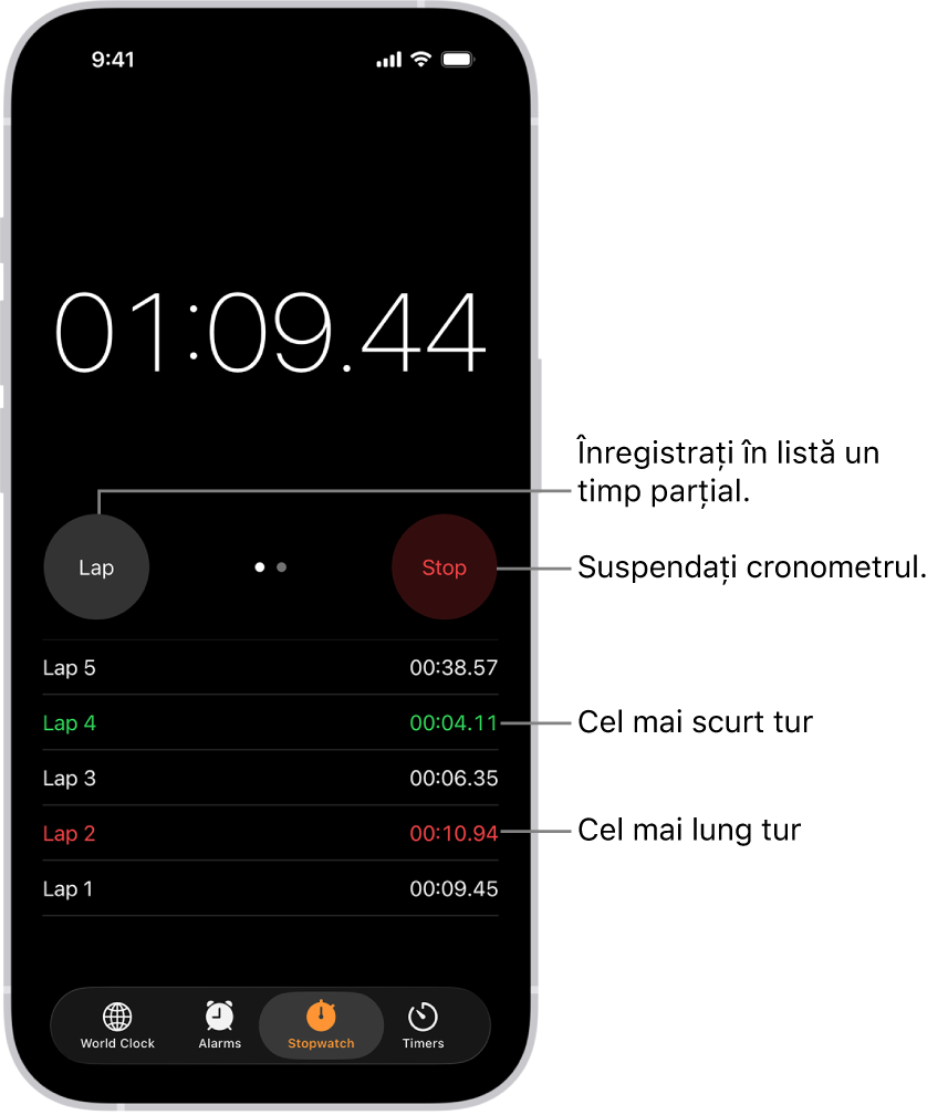 Un cronometru din aplicația Ceas afișează timpul total scurs dintr-un eveniment și sub acesta se află mai multe ture listate în cadrul evenimentului respectiv.