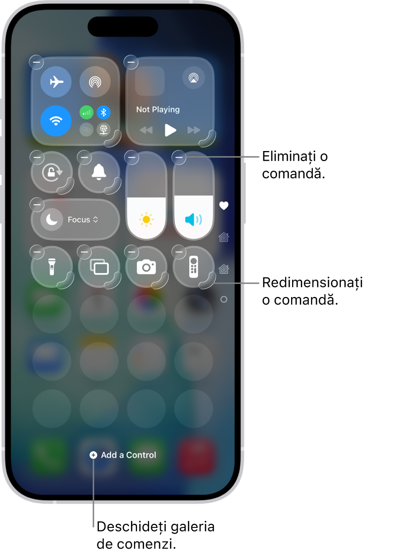 Centrul de control în curs de editare, afișând un buton Eliminați și un mâner de redimensionare pentru fiecare comandă.